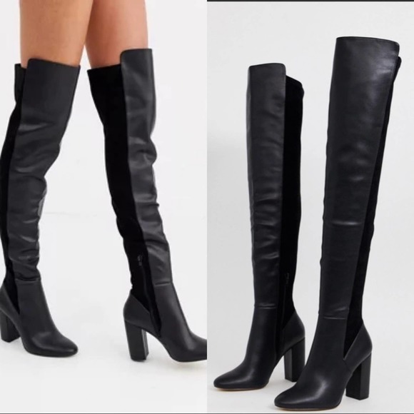 Suede Leather Heeled Boots Black 